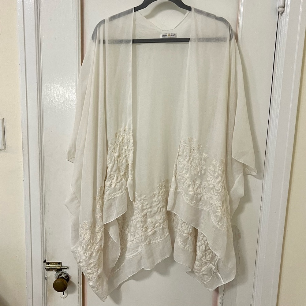 White Kimono Beach Cover Up Floral Flowy Sheer Embroidery Boho Shawl Cape Light